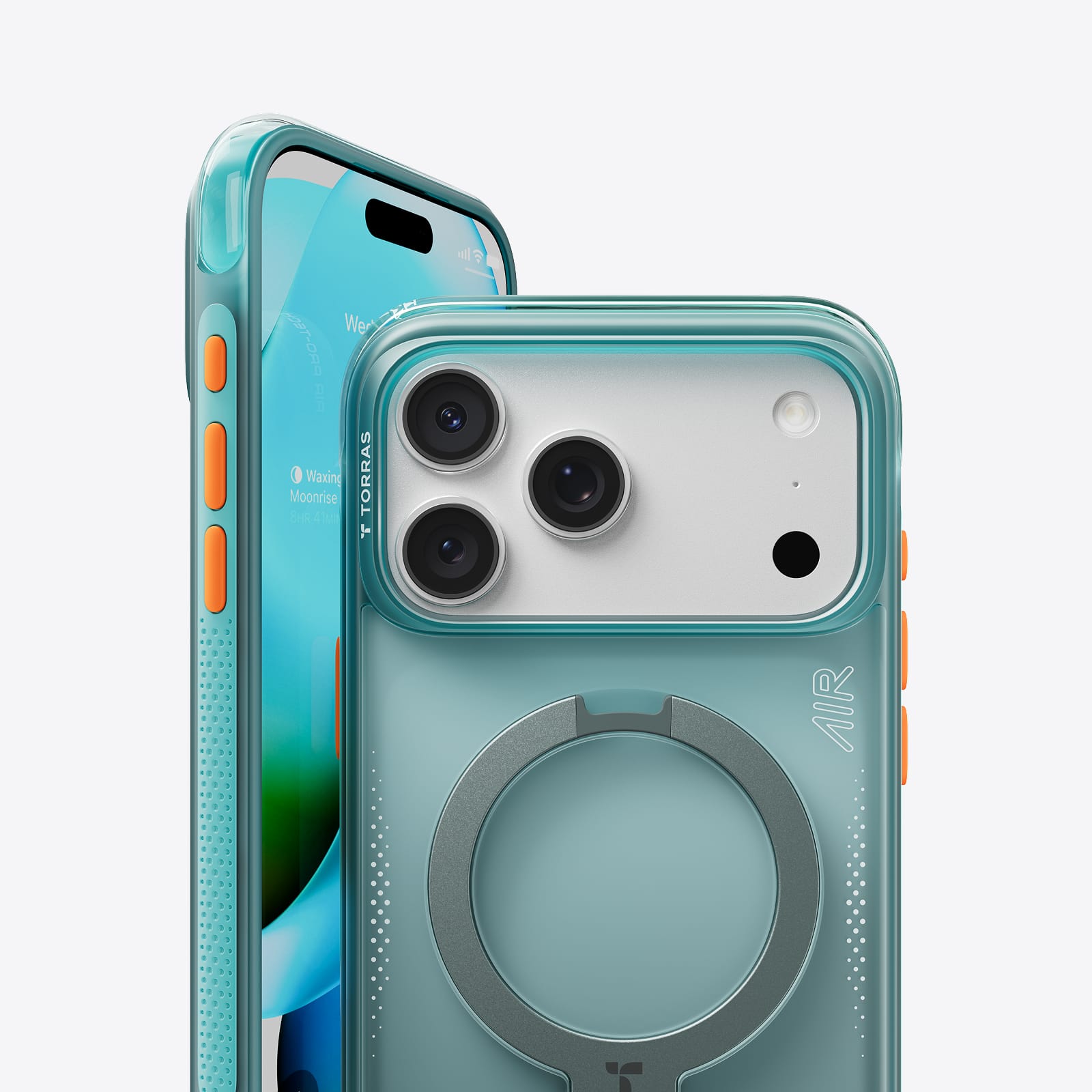 TORRAS Ostand Q3 Air ケース iPhone 18 Pro/Pro Max 対応、ダークグリーンのクリアケースのカメラ部分のクローズアップ。