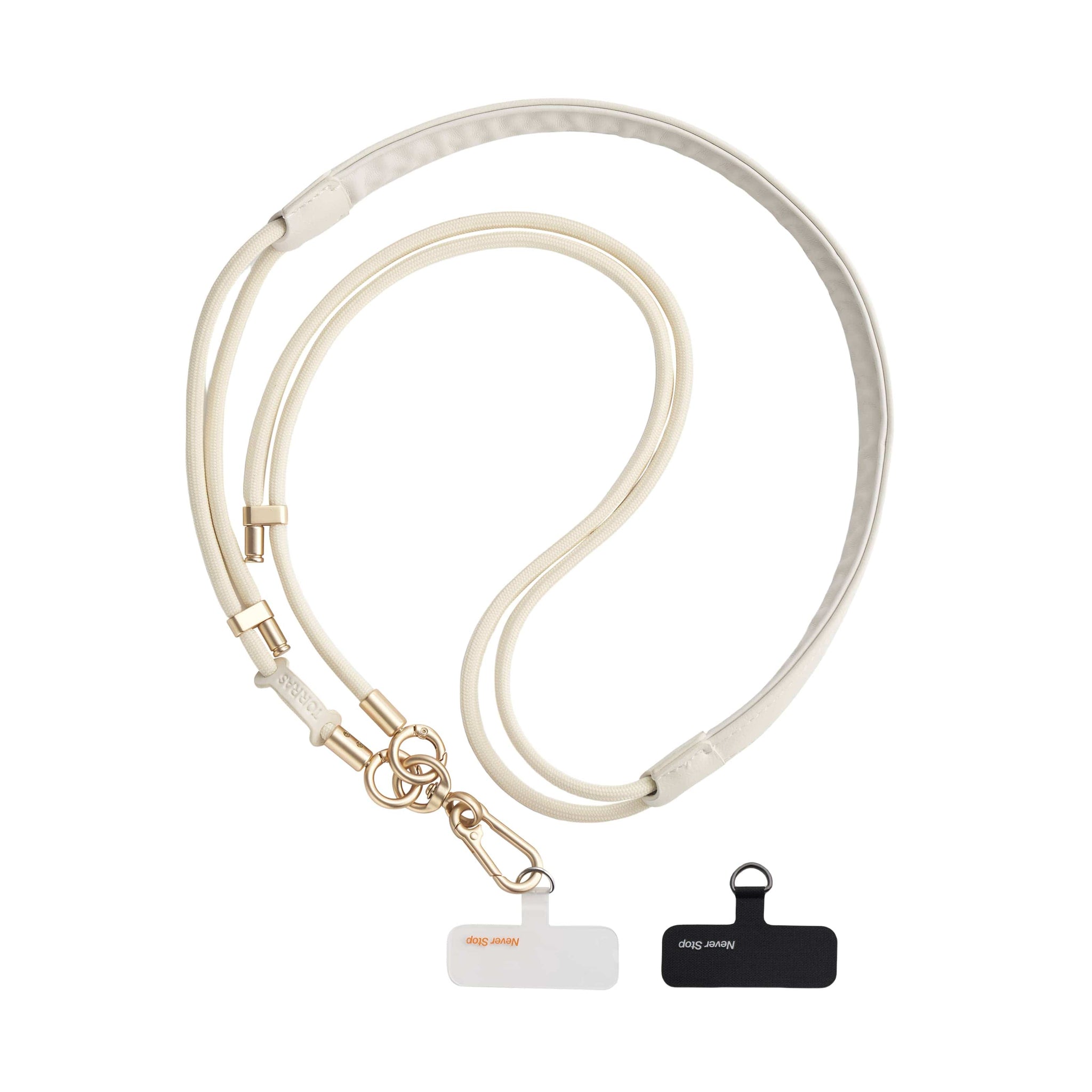 TORRAS オフホワイトの編み込み携帯電話ストラップで、レザーアクセント、ゴールドクリップ、「Never Stop」タブ付き