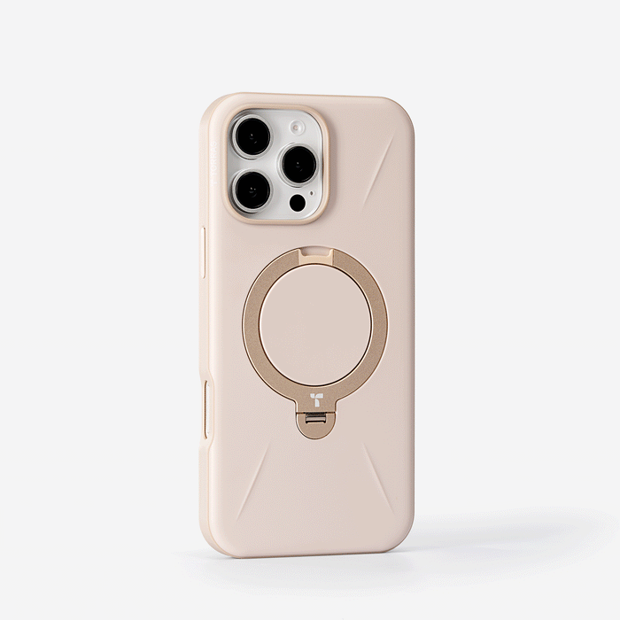 TORRAS Ostand Q3 Fusion iPhoneケース、ミルクティーベージュ、スプリングローデッドMagSafeスタンド。