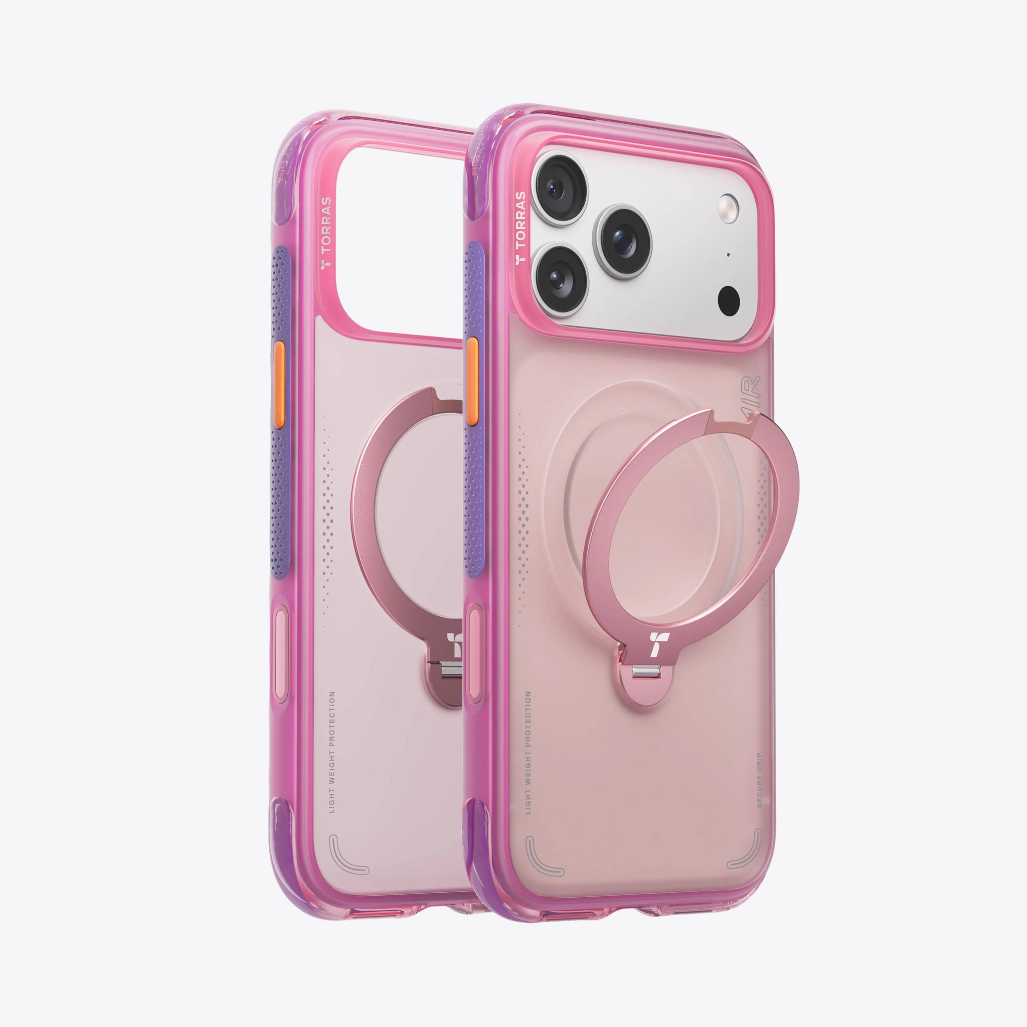 TORRAS Ostand Q3 Air neon pink iPhoneケース、エアバッグ保護とリングスタンド付き。