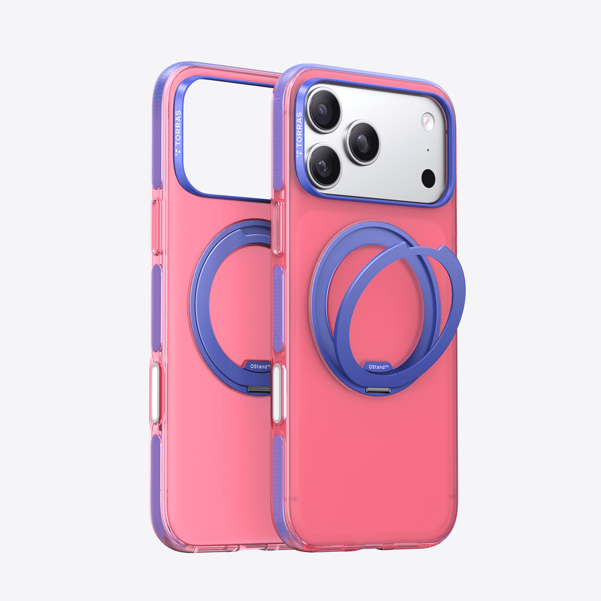 半透明ピンクのTORRAS iPhoneケースで、紫色のバンパーとOStand™リング式スタンドが付いています。