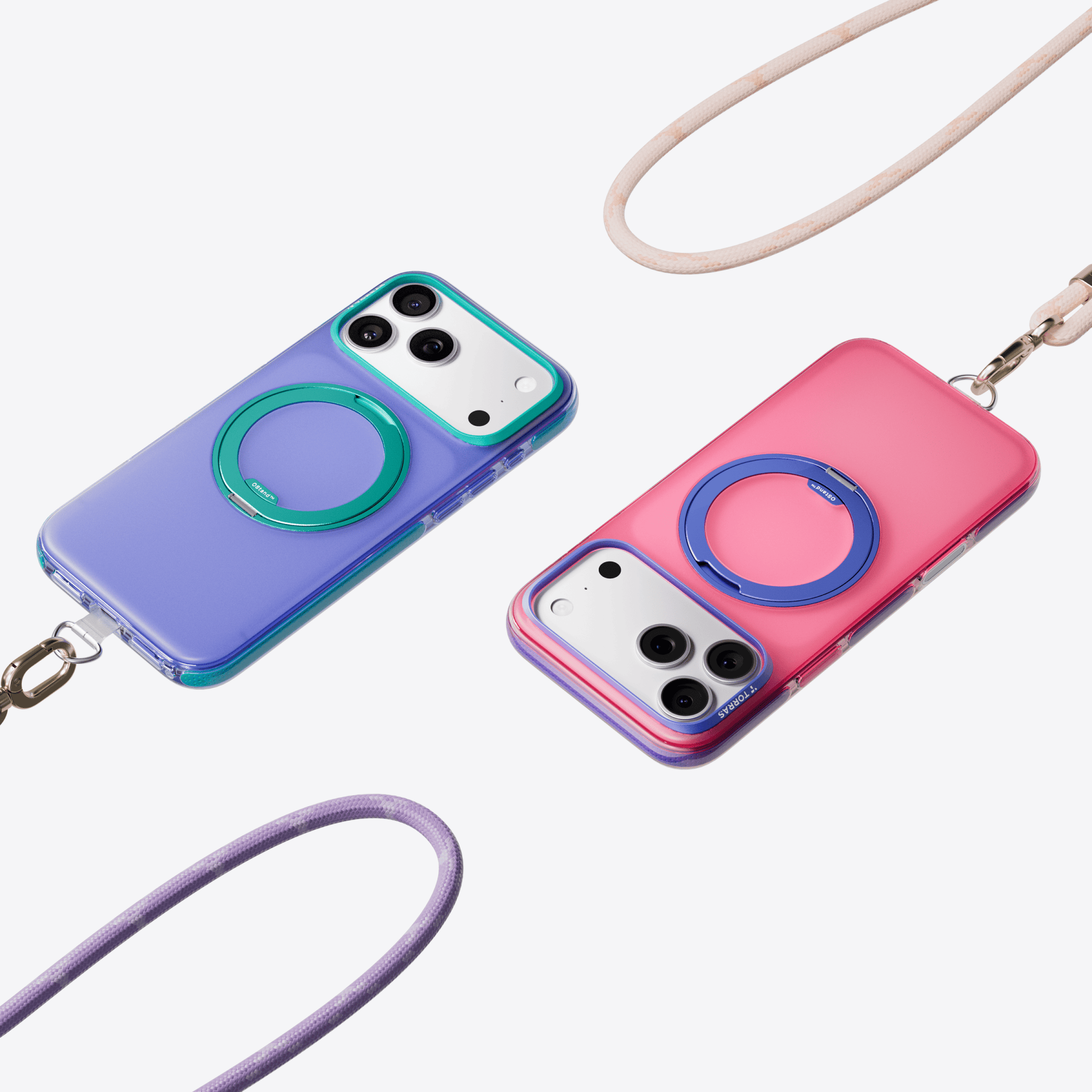 TORRAS Ostand O3 Hue ケース iPhone 18 Pro/Pro Max 対応、ランヤード付きのパープル×ピンクの2色ケースが並ぶバリエーション。