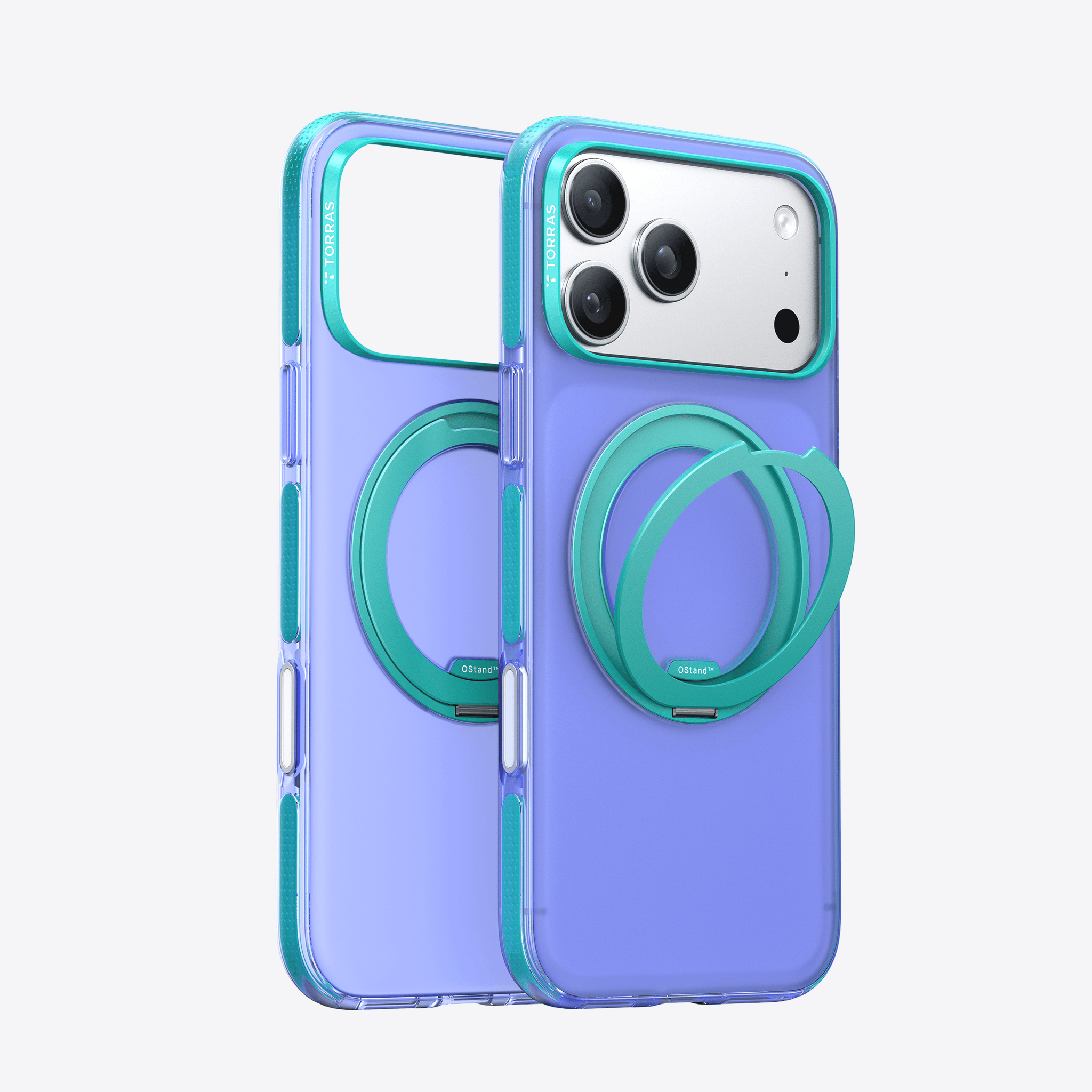 TORRAS Ostand O3 Hue ケース iPhone 18 Pro/Pro Max 対応、パープルケースにパープルのリングStandを立てた背面ビュー。