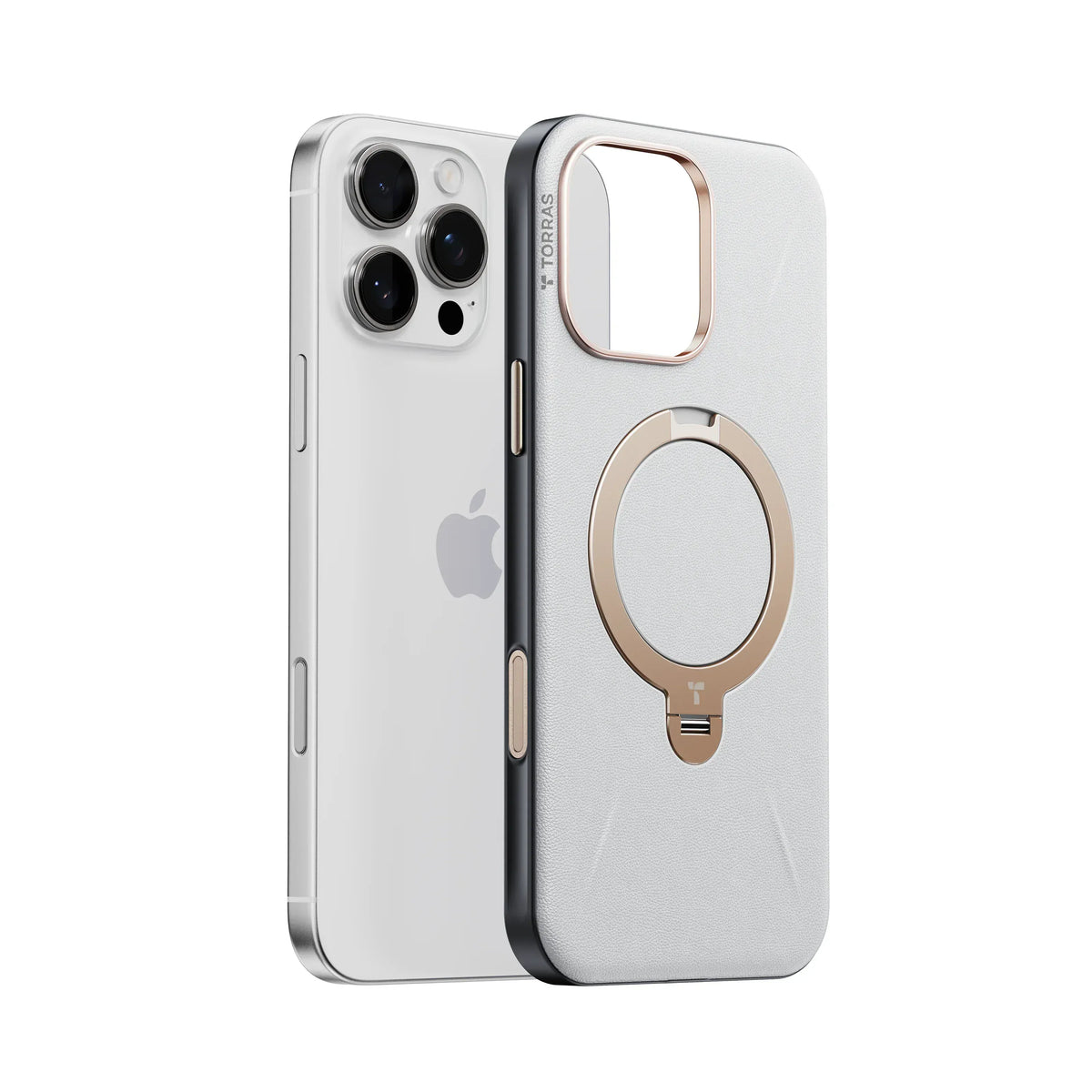 TORRAS Ostand Q3 レザートーン ケース iPhone 18 Pro/Pro Max 対応、ホワイトとベージュの2色革調ケースが並ぶバリエーション展開。