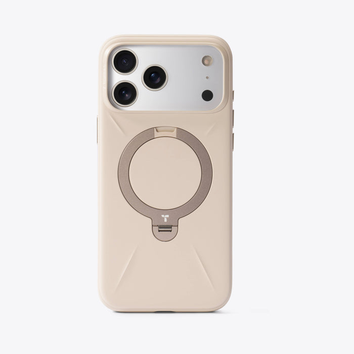 TORRAS Qpro ペールベージュ MagSafe iPhone ケース ゴールドリングスタンド付き。