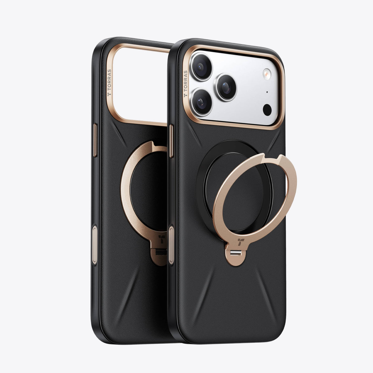 TORRAS Ostand Q3 レザートーン ケース iPhone 18 Pro/Pro Max 対応、ブラックとベージュの2色革調ケースが並ぶバリエーション展開。