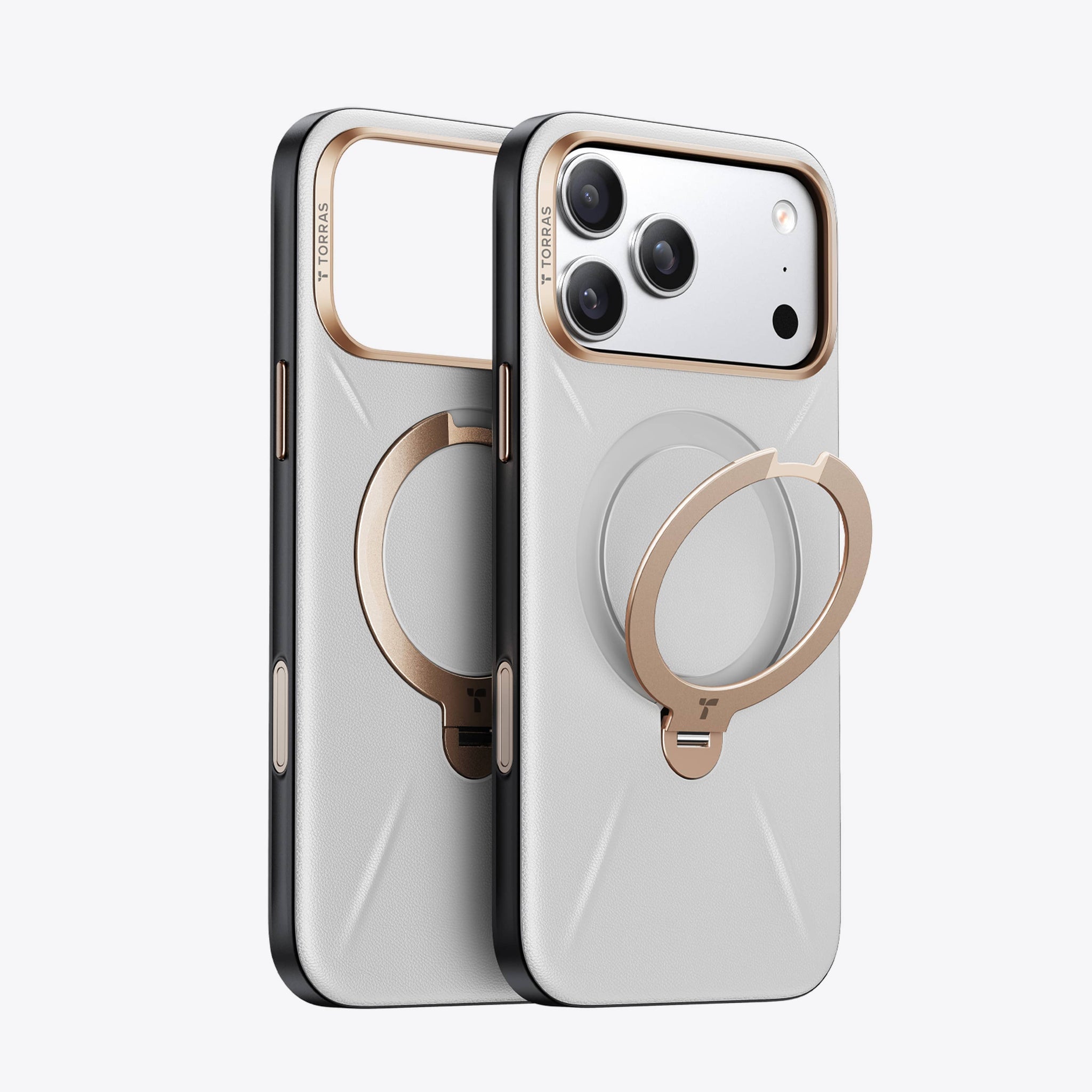 TORRAS Ostand Q3 ホワイトレザートーン フォンケース ローズゴールド リングスタンド付き
