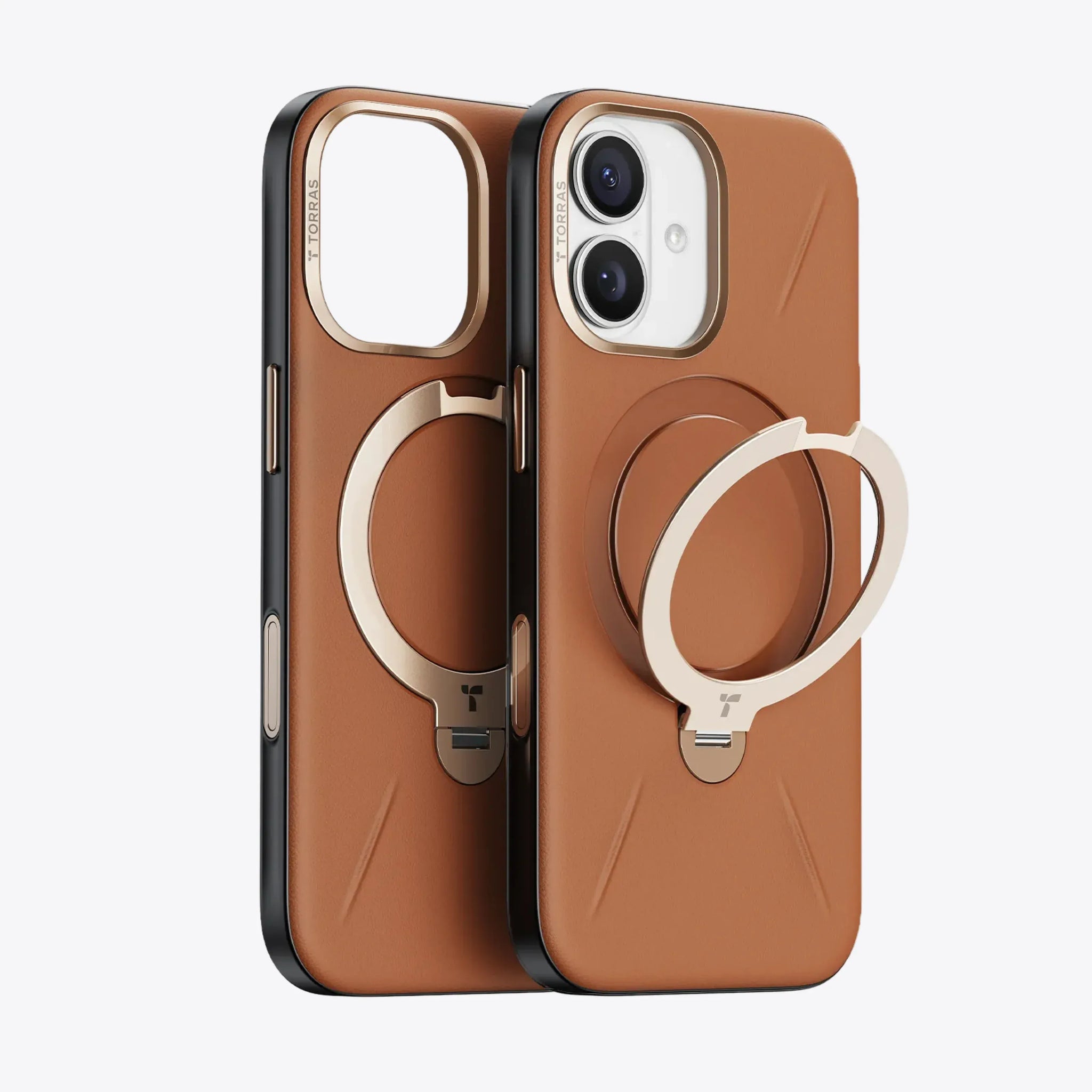 TORRAS Ostand Q3 レザートーン ケース iPhone 18 Pro/Pro Max 対応、ブラウンとブラックの2色革調ケースが並ぶバリエーション展開。