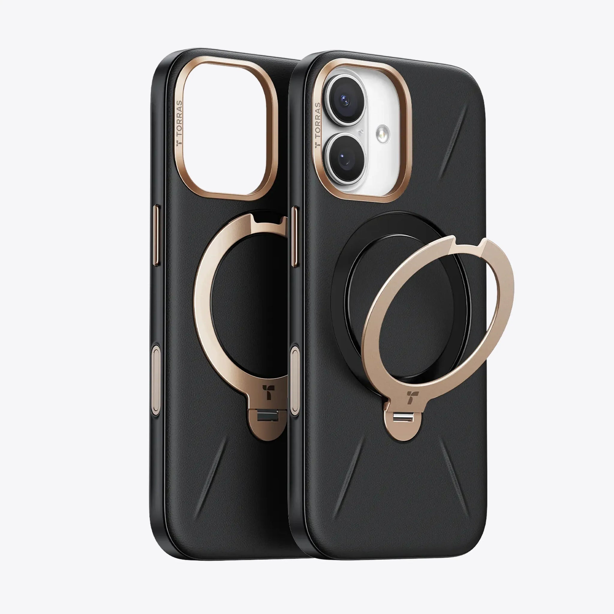 TORRAS Ostand Q3 レザートーン ケース iPhone 18 Pro/Pro Max 対応、ブラックとグレーの2色革調ケースが並ぶバリエーション展開。