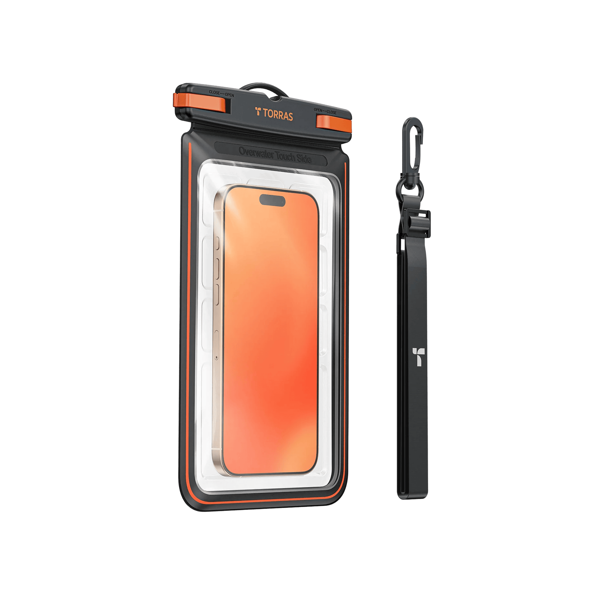 TORRAS IceCube防水ケース（携帯電話用）、「Overwater Touch」、防水シール、ランヤード。