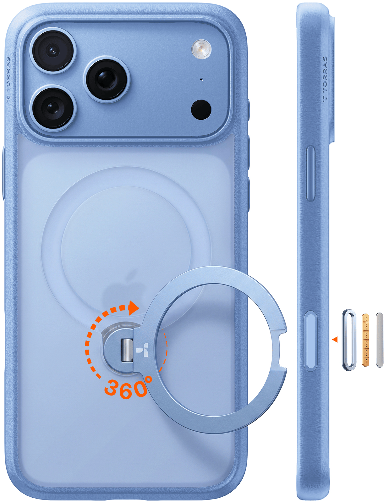 TORRAS iPhone 2026 Pro Max 用 ケース【多機能一体・360°新定点回転スタンド】 Magsafe対応 【Ostand Q3 Spin】高耐久性 耐衝撃 ゼンマイ式スタンド リング 縦横両対応 マグネット搭載 急速充電対応 指紋防止 ライトブルー