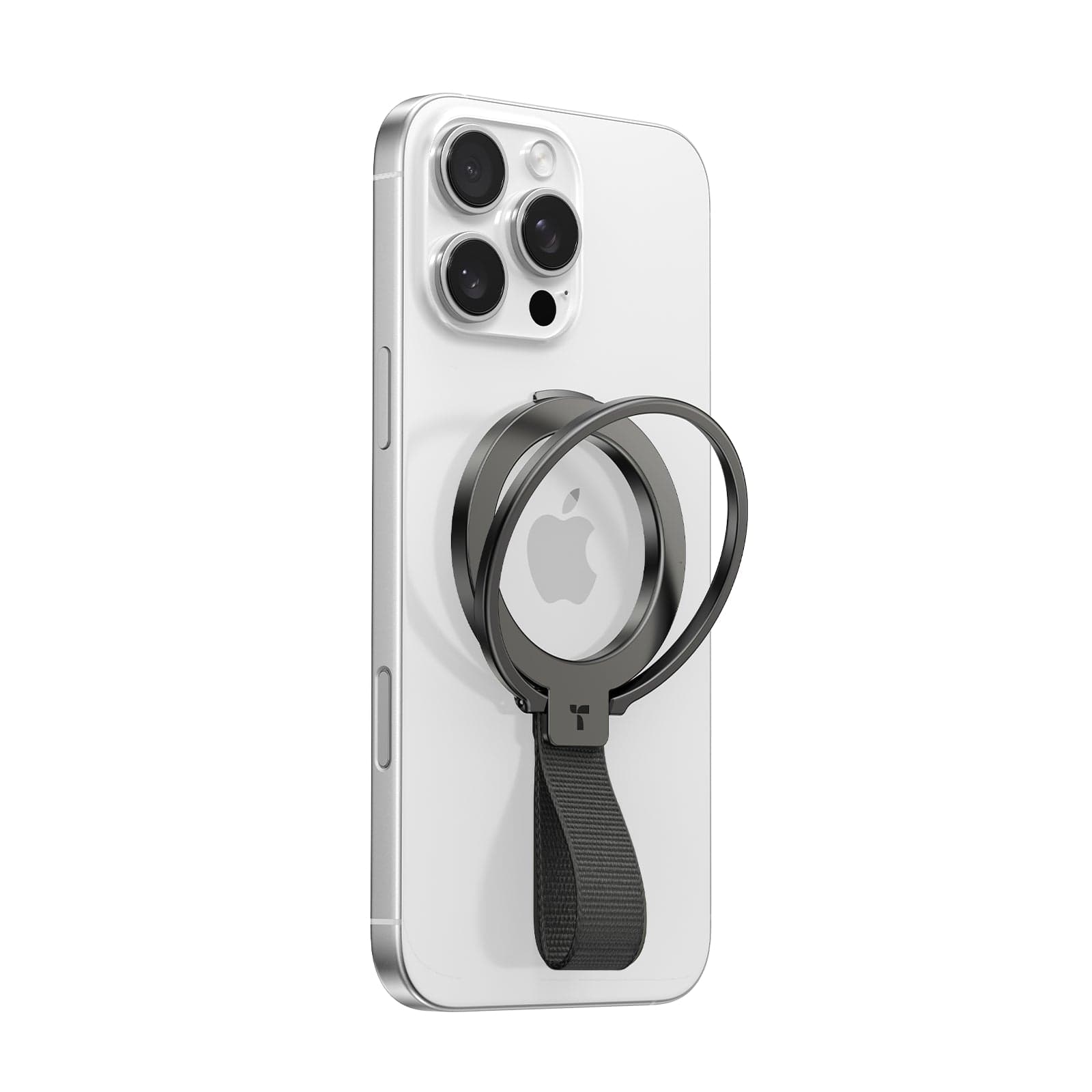 OmniRingスマートフォン用リング（ストラップ付き）、銀色のiPhone背面に磁気で取り付けられます。