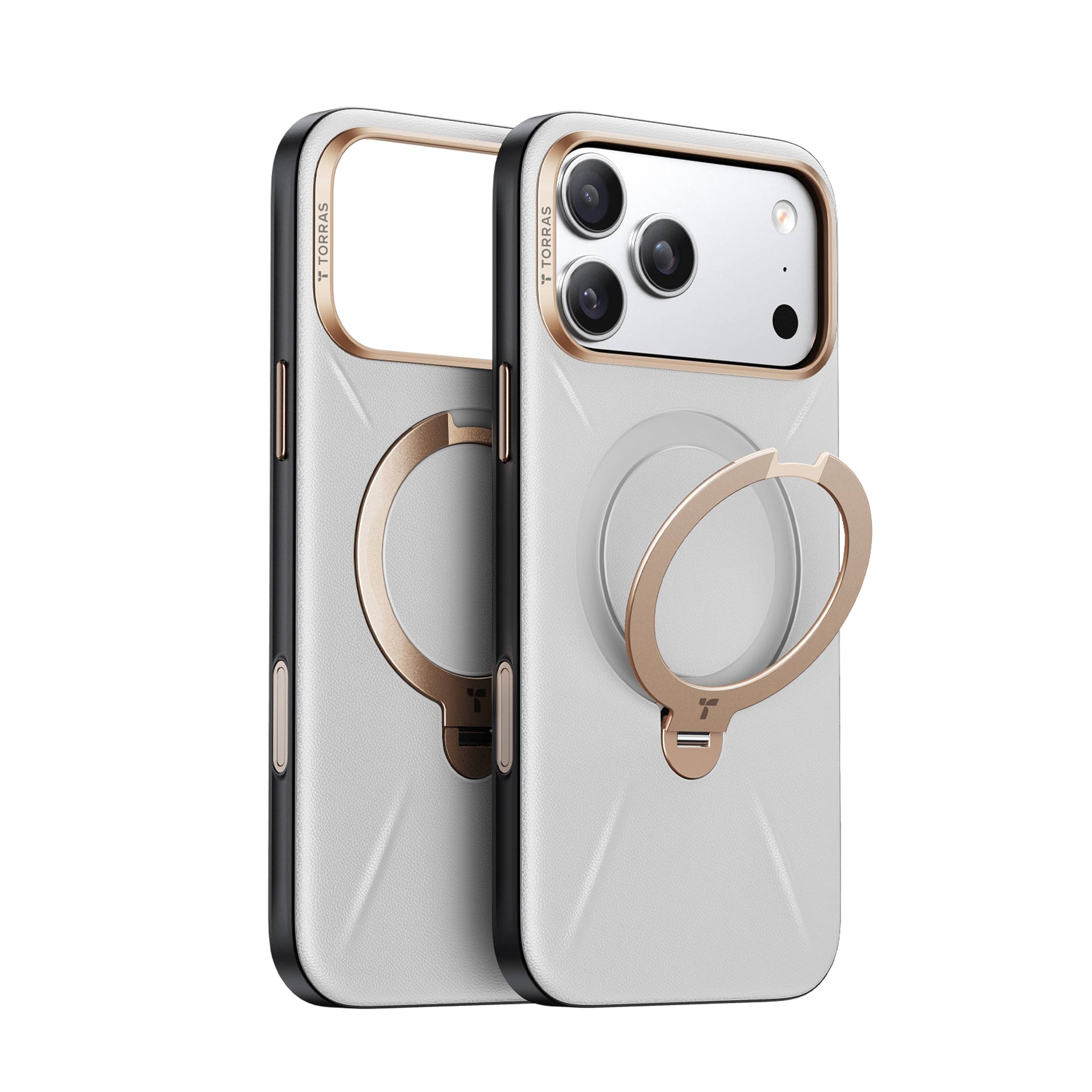 TORRAS Ostand Q3 シリカレザートーンスタンドケース、ライトグレーにローズゴールドのアクセント。