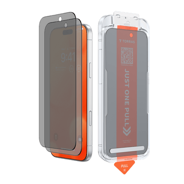 iPhone 16 Pro用GlassGo Ultra Privacyスクリーンプロテクター「Just One Pull」取り付けガイド付き。